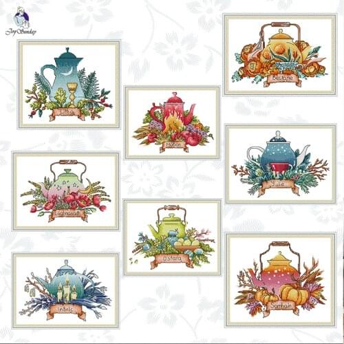Joy Sunday Teapot Series DIY Handwork Cross Stitch Kits 11CT 14CT Printed Canvas Beginner Needlework Embroidery Gifts Sets
