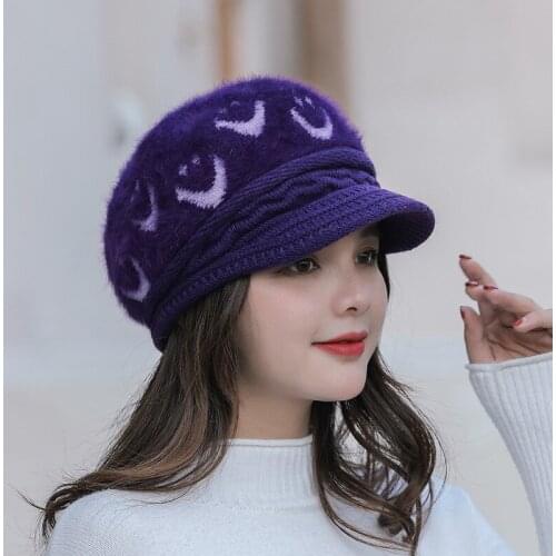 New Tijacquard Smiley Autumn Winter Hairy Hat Kids Rabbit Hr Beret Fashion Knit Hat Wholesale Free Shipping