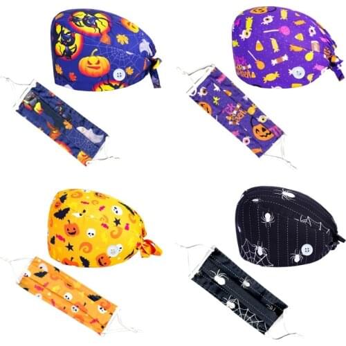 2Pcs Halloween Bouffant Scrub Cap with Dustproof Face Mask Set Cartoon Pumpkin Spider Tie Back Buttons Turban Hat