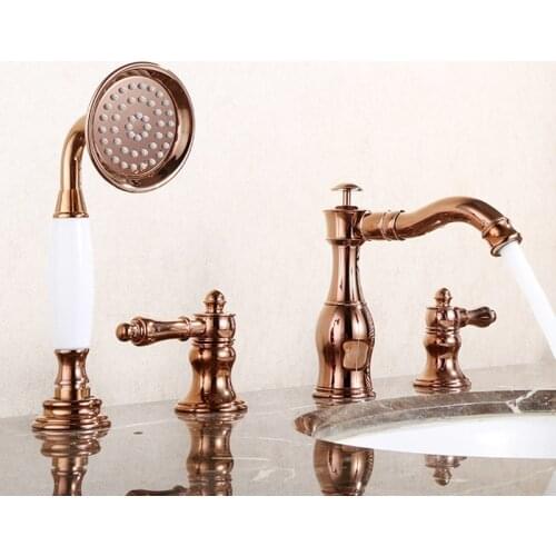 Basin Faucet Rose Gold Brass 4 Hole Bathtub Faucet Bathroom Shower Faucet Bath Shower Bath Sink Faucet Hot Cold Water Mixer Taps