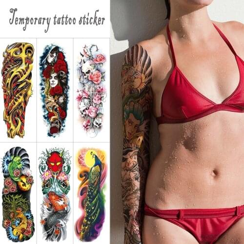 Flower full arm temporary tattoo sticker Peacock goldfish watercolor tattoo Large long waterproof fake tattoo for women