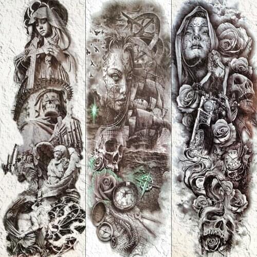 YURAN Long Full Arm Fake Temporary Tattoo Nun Women Death Skull Tatoo Sticker For Men Women Waterproof Body Leg Art Tattoo Paper