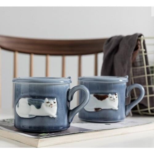 Japanese cute cat ceramic cup handmade coffee milk juice mug with lid and spoon set cartoon water tea cup teacup