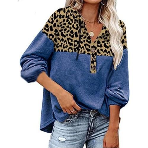 Autumn and Winter Womens Clothing Leopard Splicing Loose Casual Long Sleeve Hoodie