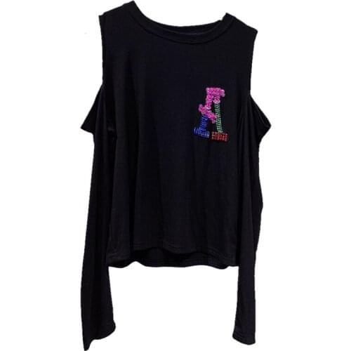 Beaded Letters Womens T shirts Sexy V Neck Off The Shoulder Long Sleeve Tee Shirt Tops Oversized Women Tshirt