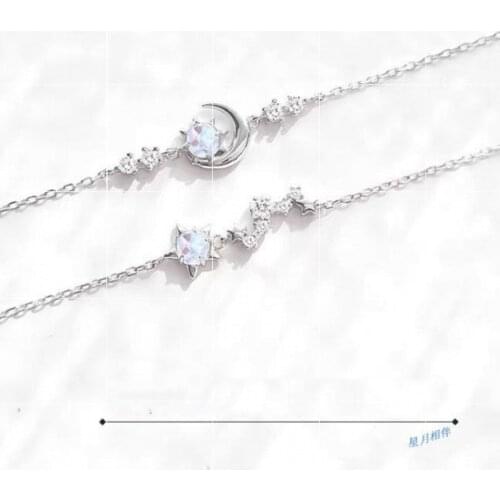 Fashion Womens S925 Silver Plated Moonstone Fresh Forest Stars and Moon Sisters Girlfriend Bracelets S131