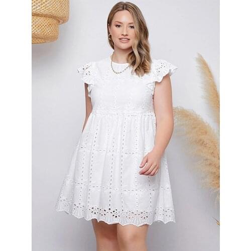 White Cotton Dress Plus Size 4XL 5XL 2021 Summer Women Ruffles Sleeve Hollow Out Casual Dress High Waist Short Mini Dresses
