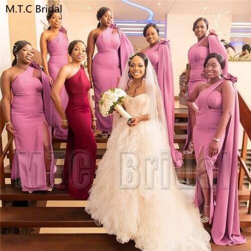 Plus Size Dusty Rose African Bridesmaid Dresses One Shoulder Mermaid Long Cape Black Women Maid Of Honor Wedding Party Dress