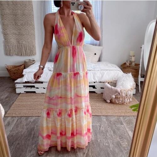 Women Sexy Deep V Neck Backless Strap Print Long Boho Dress Summer Beach Sundress Holiday Vestido Party Dresses