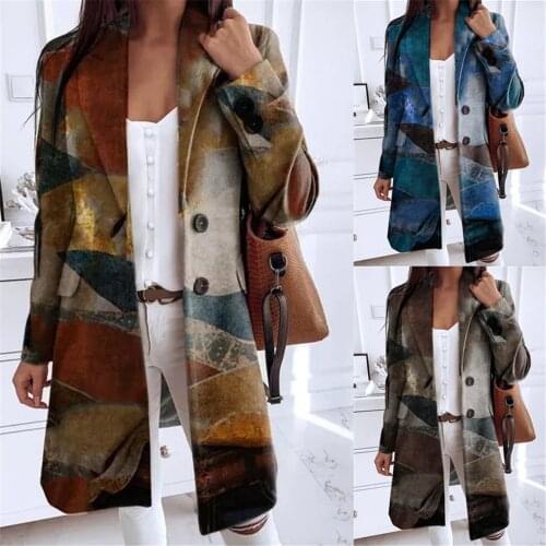 Winter Womens Jackets Loose Printed Lapel Neck Single Breasted Womens Coats Casual Plus Size Female Outerwear