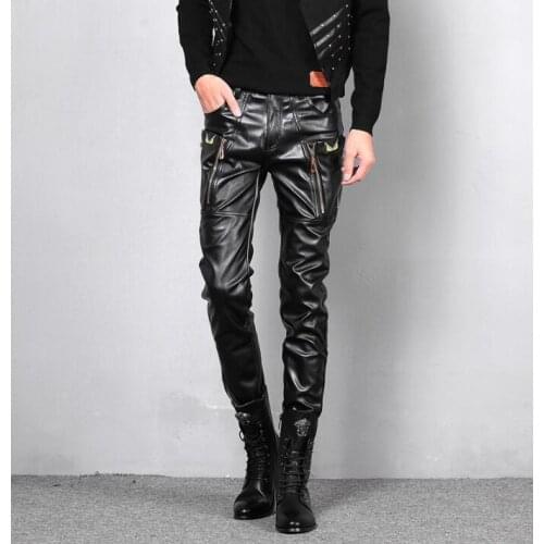 2020 winter personality Windproof motorcycle faux leather pants mens feet pants pu trousers for men pantalon homme plus velvet