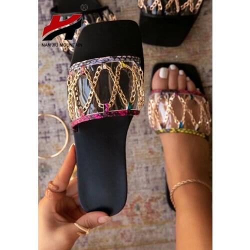 2021 Summer Flat Sandals Women Slippers Metal Decoration Shoes Beach Slippers Outdoor Open Tea Woman Shoes Plus Size 42