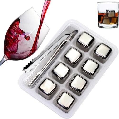 8PCS Whiskey Ice Cubes Stones Reusable Ice Cubes Stainless Steel Chilling Stones Wine Chillier with Tongs Freezer Storage Set
