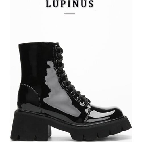 Patent Leather Chunky Platform Ankle Boots Women Retro Lace-up High Heels Short Boots Women 2021 Autumn Motorcycle Boots Ladies