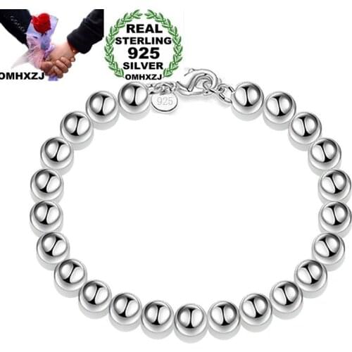 OMHXZJ Wholesale Personality Fashion OL Woman Girl Party Gift Silver 8mm Hollow Beads Chain 925 Sterling Silver Bracelet BR04