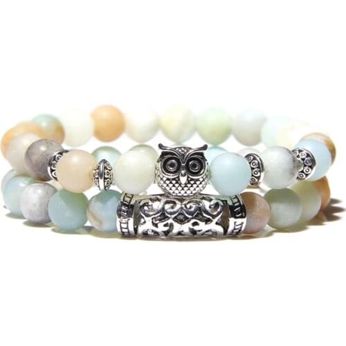 2pcs/set Women Bracelet Fashion Owl Bracelet Natural Stone Turquoises Amazonite Beads Charm Energy Bracelet Jewelry Female Gifts