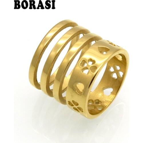 Hot Sale Top Quality Stainless Steel Heart Clover Hollowing Craft Gold Color Ring Fashion Jewelry Full Sizes Wholesale