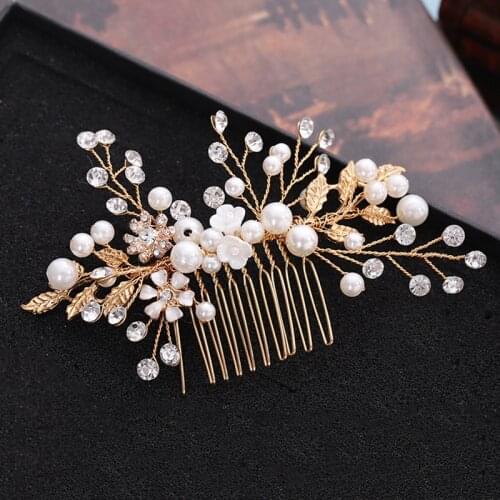 Gold Color Leaf Hair Combs Jewelry Rhinestone Pearl Hair Comb Tiaras Women Headpiece Wedding Bridal Hair Jewelry Accessories SL
