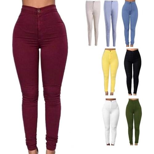 HOT SALES!!! Women Trousers High Waist Skinny Cotton Solid Color Button Pencil Pants for Work