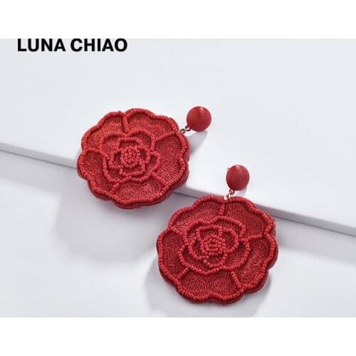 LUNA CHIAO Fashion Bijoux 2020 Spring Big Rose Flower Drop Earring Mini Seed Beads Jeweled Fabric Statement Earrings for Women