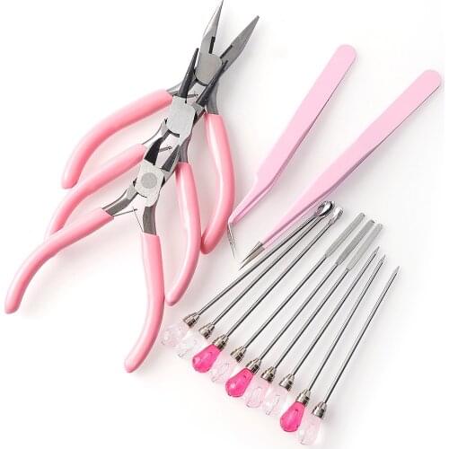 6 Style CuteFashion Pink Color Jewelry Making Tool Kits Round Nose Plier Side Tweezers Mix Needle Spoon Tool DIY Jewelry Making