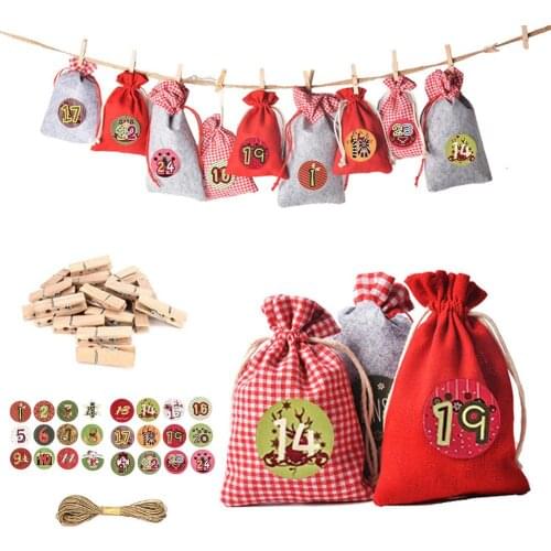 Christmas Advent Calendar Bags Set 24 Days Burlap Advent Calendar Gift Drawstring Bags DIY Christmas Embellishments with Clips