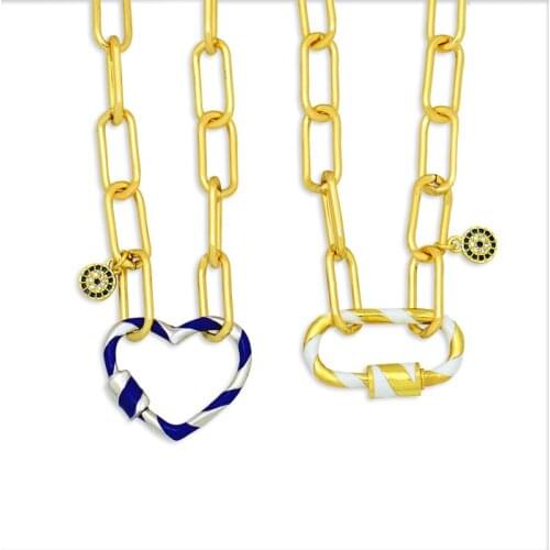 Geometric Screw Heart Oval Pendant Necklaces for Women Girls Turkish Jewelry Carabiner Curb Chain Zirconia Evil Eye Necklace