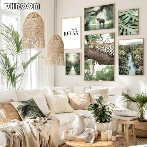 Jungle Landscape Canvas Poster Animal Leopard Elephant Print Painting Palm Leaves Forest River Bridge Nordic Picture Decoration