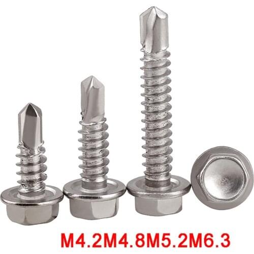 M4.2 M4.8 M5.2 M6.3 Hex Washer Head Self Drilling Screws 410 Stainless Steel Hexagon Head With Pad Collar Sheet Metal Screws