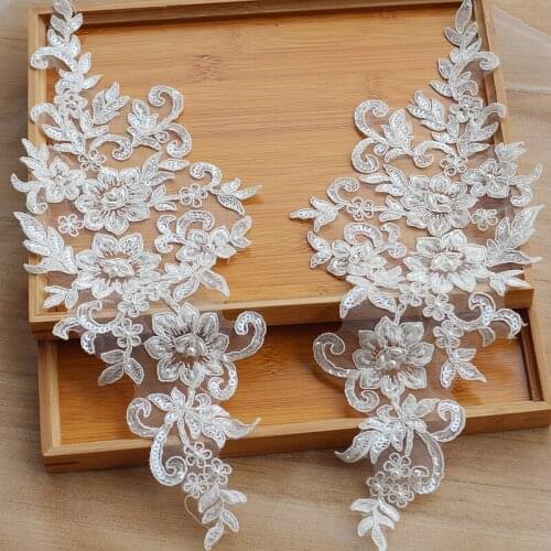 Ivory Alencon Lace Applique Beaded Sequined Patch For Wedding Supplies Bridal Hair Flower Headpiece 2 piece