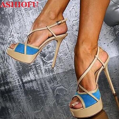 ASHIOFU Handmade Simple Ladies High Heel Sandals Cross-buckle Strap Summer Shoes Slingback Party Prom Fashion Sandals Shoes