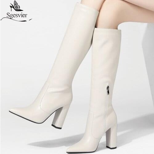 Sgesvier HOT sale women boots zip thick high heels ladies knee high boots fashion solid color winter office female boots 2021