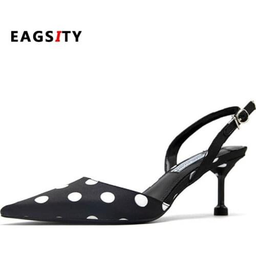 EAGSITY Slingback women shoes Polka Dot Pumps Kitten Heels Pointed Toe Slingback Ladies Shoes Dancing Wedding Party Dress