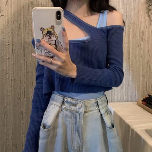 Fake Two Piece Knitted Sweater Women Deep O-Neck Long Sleeve Spring Knitwear Designer Cold Shoulder Sexy Pullovers Loose X426
