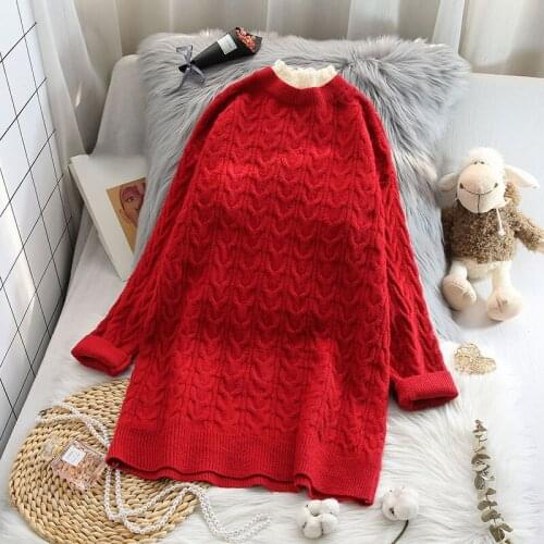 Lace Patchwork Knitted Women Sweater And Pullovers Long Solid Red Casual All Match Female Pulls Outwear Tops