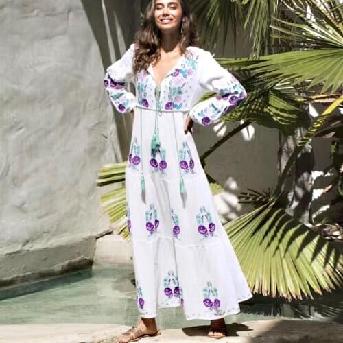 TEELYNN Long Sleeve Ethnic Tunic Maxi Dress Women 2021 Vintage White Cotton Floral Embroidery Loose Autumn Boho Beach Vestidos