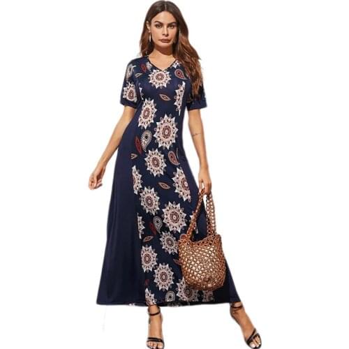 Women Short Sleeve Maxi Dress Turkey Kaftan Dubai Jilbab Floral Print Caftan Muslim Islamic Clothing Robe Party Gown Vestidos