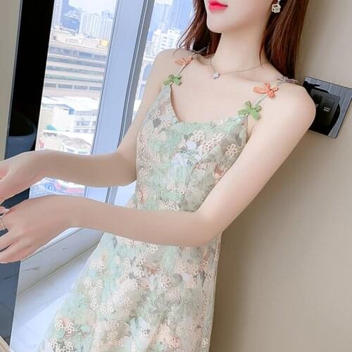 Summer Floral Dress Women Elegant Vintage Retro Fairy Dress Casual Slim Fit Embroidered Mesh Korean Sweet Dress Women New Y911