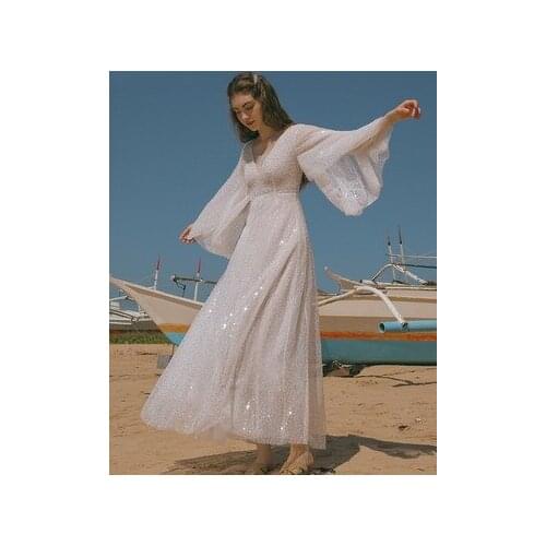 Women Summer Vintage Elegant Slim Blingbling Shiny Sequined White Long Beach Casaul Vacation Goddess Boho Maxi Dress