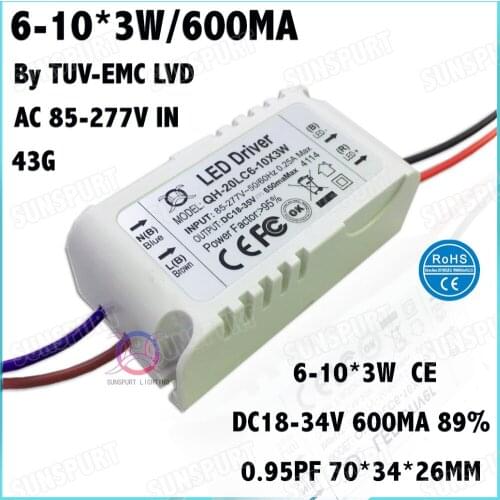 5 Pcs By TUV-CE Box 20W AC85-277V LED Driver 6-10Cx3W 600mA DC18-34V Constant Current LED Power For Ceiling Lamp Free Shipping