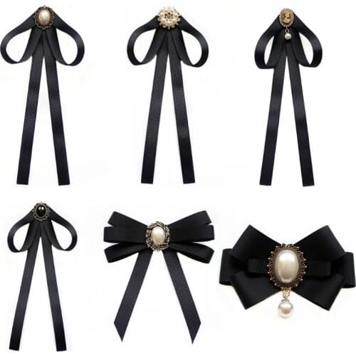 Imitation Pearl Ribbon Brooches Pin Bow Tie Vintage Pre-Tied Collar Jewelry Bowknot Shirt Necktie Clip for Women Girls U90E