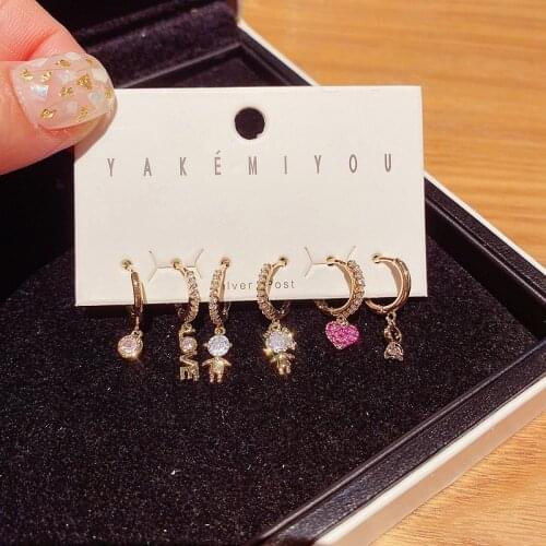 High End Mixed Styles Love Couple Heart Earrings Set Gold Color Cubic Zirconia Dangle Earrings for Women