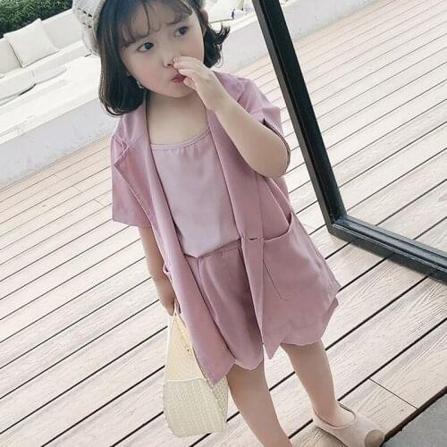 Girls' Suit Summer New Baby Girl Clothes Korean Short-Sleeved Suit Jacket + Suspender Shirt + Shorts ChildrenS Clothing Sets