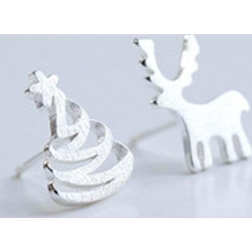 925 Sterling Silver Cute Deer Tree Asymmetrical Stud Earrings For Women Girl Christmas Gift Jewelry S-E138