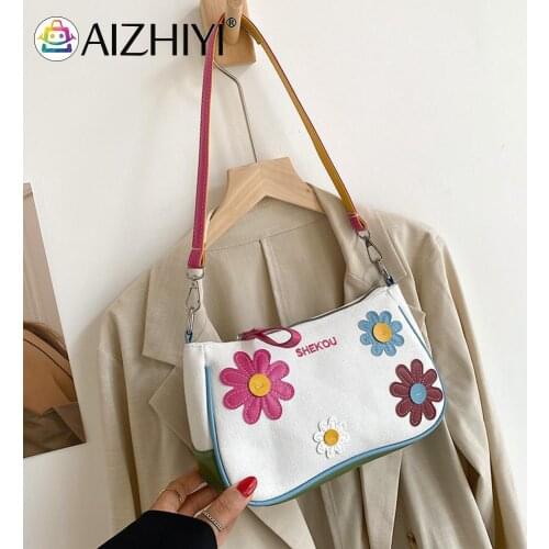 Fashion Women Flower Patchwork Contrast Color Canvas Shoulder Underarm Bag Casual Ladies Small Handbags Purse