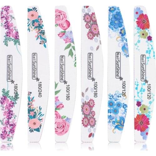 10Pcs Washable Nail File 100/120/180/240 Flower Pattern Sanding Buffer Block Half Moon White Polishing Manicure Pedicure Buffer