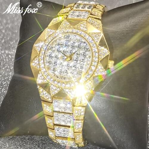 Hip Hop MISSFOX Baguette Diamond Mens Watches Gold High Quality Bling Luxury Brand Quartz WristWatch Steel Watch For Men Jewelry