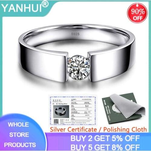 YANHUI With Certificate Original 925 Silver Rings for Men 1 Carat Lab Diamond Rings Wedding Band Male Finger Ring Fine Jewelry