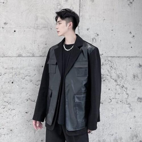 Fake Two Pieces Faux Leather Suit Jacket Autumn Winter Patchwork Blazer Coats Men Solid Color Lapel Blazers Mens Suit Jackets
