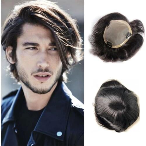 BYMC Remy Human Hair Mens Toupee Mono Toupee Natural Hairline Lace With PU Replacement System With Clips